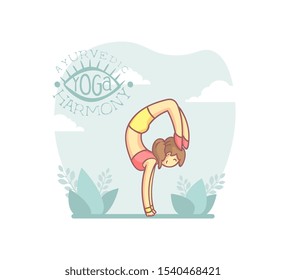 Girl Practicing Yoga in City Park, Morning Physical Workout, Young Woman Character Doing Yoga Exercise Vector Illustration