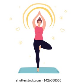 Girl practicing yoga - colorful flat design style illustration on white background. Quality composition with a young woman standing in a tree pose on one leg with eyes closed. Active lifestyle concept