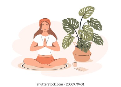 Girl practicing yoga and enjoying meditation in her room or apartment. Woman in namaste pose exercise. Concept illustration for yoga, meditation, relax, healthy lifestyle. Flat vector illustration