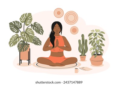 Girl practicing yoga and enjoying meditation in her room or apartment. Woman in namaste pose exercise. Concept illustration for yoga, meditation, relax, healthy lifestyle. Vector illustration