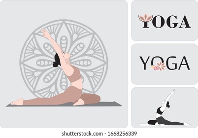 Girl Practicing Yoga Exercises Set, Young Woman Performing Physical Exercises. Vector Illustration. Logo