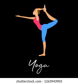 Girl practicing yoga in the gym. Cartoon bright illustraton for design yoga group card, sport class invitation, training workshop advertising, t shirt print etc.