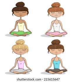 Girl Practicing Yoga - Hand Drawn Vector Illustration Set eps10