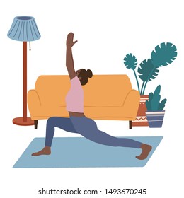 Girl practicing yoga at home. Female in a warrior pose. Hand drawn vector coloured illustration. Poster, postcard design.