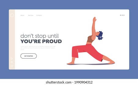 Girl Practicing Yoga Landing Page Template. Woman Character Doing Stretching Exercises. Fitness, Sport and Healthy Lifestyle. Workout Class for Flexibility and Fit Body. Cartoon Vector Illustration