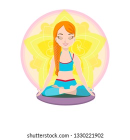 Girl practicing yoga and meditation in Lotus position on the background of a circular ornament.