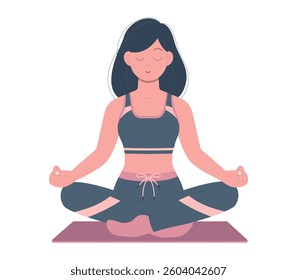 Girl practicing yoga meditation sitting in lotus pose on a pink mat. Healthy lifestyle. Simple flat illustration isolated on white background