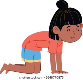 A girl practicing yoga on all fours with a cheerful expression in a cartoon style. Young female doing a yoga pose with a happy face and casual outfit. Cartoon vector illustration.