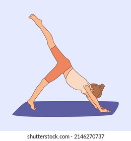 Girl practicing yoga on gymnastic mat. Children yoga kids . Meditating child standing in one legged downward facing dog exercise, eka pada adho mukha svanasana pose.Hand drawn flat vector illustration