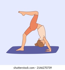 Girl practicing yoga on gymnastic mat. Children yoga kids . Meditating child standing in Bridge exercise, One legged Wheel pose. Hand drawn flat vector illustration