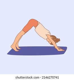 Girl practicing yoga on gymnastic mat. Children yoga kids . Meditating child standing in one legged downward facing dog exercise, eka pada adho mukha svanasana pose.Hand drawn flat vector illustration