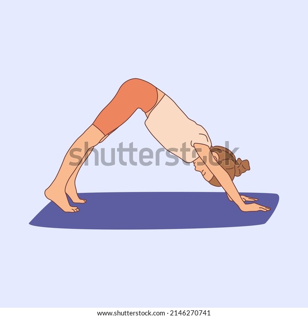 Girl practicing yoga on gymnastic mat.\
Children yoga kids . Meditating child standing in one legged\
downward facing dog exercise, eka pada adho mukha svanasana\
pose.Hand drawn flat vector\
illustration