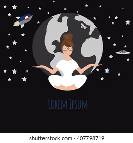 Girl practicing yoga. Space ship. Earth in space. Vector illustration