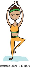 girl practicing yoga. tree pose, vector doodle hand drawing illustration
