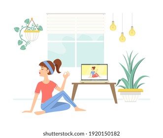 Niña practica yoga mientras mira clases en línea en computadoras portátiles, joven mujer haciendo ejercicio en vectores de dibujos animados en casa Ilustración