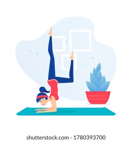 Girl Practicing Yoga, Young Woman Doing Morning Physical Workout Indoors Flat Vector Illustration