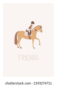 A girl praises her pony, a postcard for horse lovers