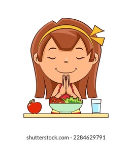 Girl praying before meal, child giving thanks, eat salad