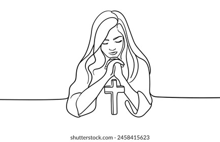 Girl praying continuous line art drawing isolated on white background. Chuch, bible, christian, vector illustration