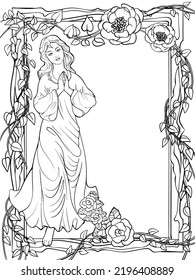 Girl praying in a flower frame linear black and white vector drawing. For coloring books. Graceful illustration.