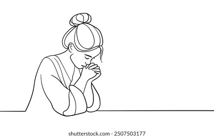 Girl praying with folded hands continuous line art drawing isolated on white background. Vector illustration