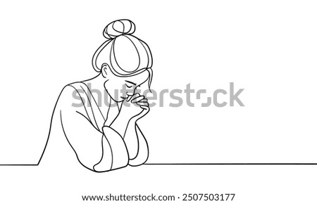 Girl praying with folded hands continuous line art drawing isolated on white background. Vector illustration