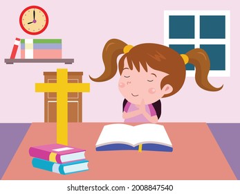 Girl praying and learning christian religion cartoon 2d vector concept for banner, website, illustration, landing page, flyer, etc.