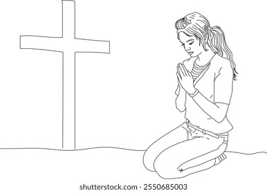 the girl is praying. line drawing 