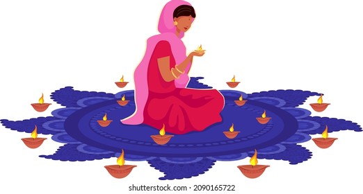 Girl praying on Diwali semi flat color vector character. Posing figure. Full body person on white. Deepavali isolated modern cartoon style illustration for graphic design and animation