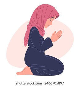 Girl praying on her knees, hand drawn flat vector illustration