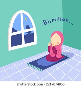 Girl Praying On A Prayer Mat At Night. Vector Faceless Character.