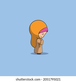 Girl praying for thanksgiving greeting vector icon illustration has seen from the side using hijab	
