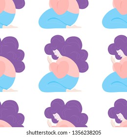 Girl prays, meditates while sitting on her lap. vector seamless pattern in flat style