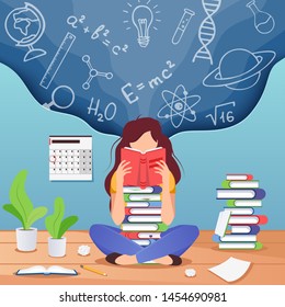 Girl prepare to exam. Young woman sitting read book and thinking about formulas . Education, knowledge vector concept. School, study and literature