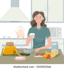 
The girl prepares breakfast in the morning in the kitchen. kitchen interior, dishes, appliances. Fruit, porridge, milk, a cup of coffee. Vector illustration. Woman cooking at home.