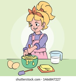 The girl prepares the cake