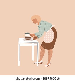 The girl prepares a cake. Hobby and cake production startup. Vector flat illustration of trending character. Confectionery production concept at home.