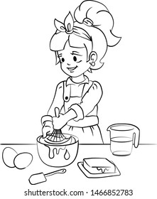 The girl prepares the cake on white background