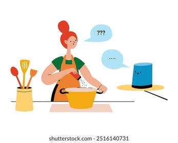 Chica prepara la comida y le pide a la asistente de voz para la receta. Ilustración vectorial.