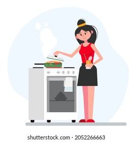 The girl prepares food on the stove. Cooking process. Frying pan with pasta during cooking. Vector illustration in flat style.