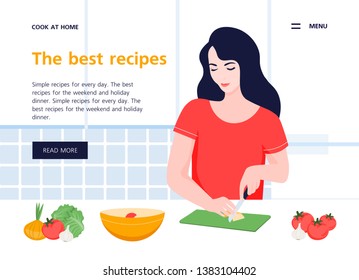 The girl prepares healthy food in the kitchen. Website template about cooking and healthy eating. Vector flat illustration