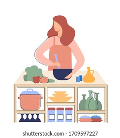 The girl prepares healthy food in the kitchen. A woman cooking a salad. Flat vector illustration