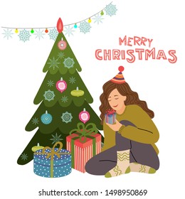 Girl prepares presents near Christmas tree. Isolated Vector flat cute illustration on a white background.
