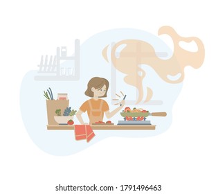 Niña preparando la cena en la cocina.