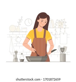 The girl is preparing dinner in the kitchen. Minimalistic style. Isolated on a white background.
