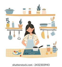 The girl is preparing dinner in the kitchen. Minimalistic style. 