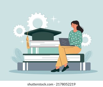 Girl preparing diploma. Student writes thesis on laptop, distance learning and homework. Preparing for test or exam. Knowledge and education, search for information. Cartoon flat vector illustration