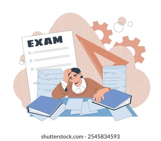 Girl preparing for exams. Teen sitting at table with books and notebooks. Emotional burnout, frustration and depression. Student doing homework. Flat vector illustration isolated on white background