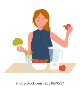 Girl preparing fresh smoothie. Vegetable cocktail, healthy food and drink vector illustration