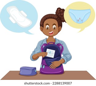 A girl preparing pads on puberty health education illustration